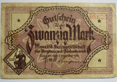 Eisleben, Provinz Sachsen 20 Mark 1922 Mansfeld AG für Bergbau und Hüttenbetrieb, Notgeld F.jpg